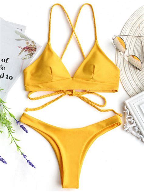 15 OFF 2019 Plaited Cami Cross Back Bikini Set In MUSTARD ZAFUL