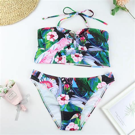 2021 Fashion Womens Swimsuit Floral Printing High Waist Push Up Halter Bikini Set Bikini And