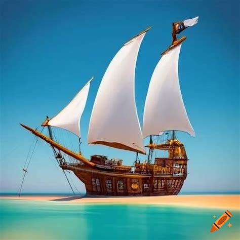 Profile Of A Pirate Ship With White Sail On A Sunny Beach On Craiyon