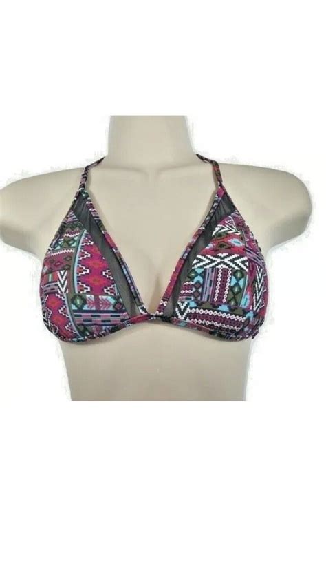 Pink Halter Triangle String Bikini Top Mesh Swim Bath Gem