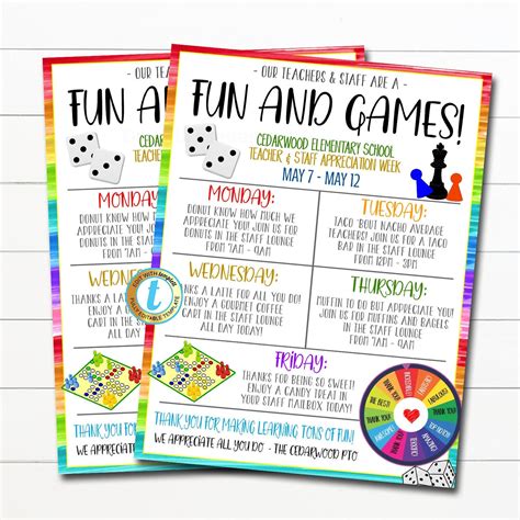 Teacher Appreciation Week Games Theme Itinerary — Tidylady Printables