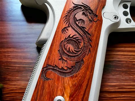 Custom Engraved 1911 Grips Cocobolo Dragon Engraved New Pacifica Leather