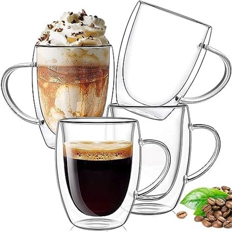 Ulrikco 350ml Double Walled Glass Coffee Mugs Clear Cappuccino Glass Mug Set Of 4 Double