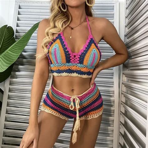 Bikini Tejido Crochet Multicolor Traje De Ba O De Dama Mujer Env O Gratis