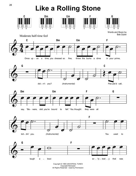 Like A Rolling Stone By Bob Dylan Sheet Music For Super Easy Piano At