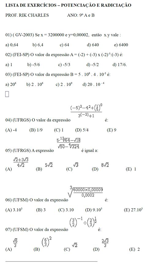 Exercicios Potenciação E Radiciação