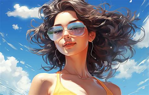 Обои sky long hair clouds women painting digital art glasses bikini на телефон и рабочий