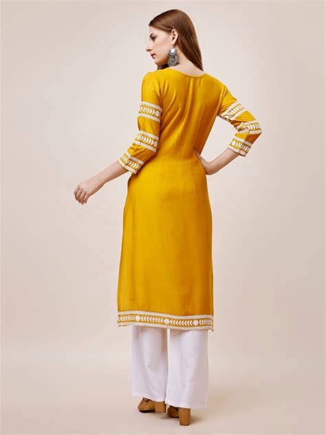 Yellow Ethnic Motifs Yoke Design Thread Work Rayon Kurta Indian Party