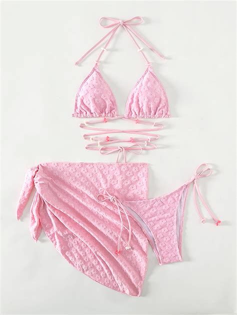 Conjunto De Bikini Con Flocado Floral Sujetador Triangular Halter Con Cuentas De Flores Y Parte