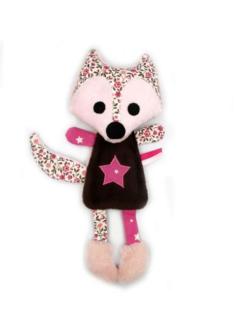 Doudou Peluche Plat Renard Tissu Coton Minky Polaire Rose Marron