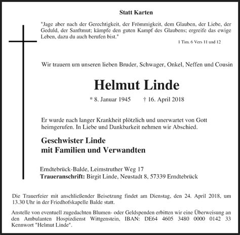 Traueranzeigen Von Helmut Linde Trauer In Nrw De