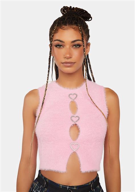 Pretty Garbage Knit Cut Out Rhinestone Heart Crop Top Pink Dolls Kill