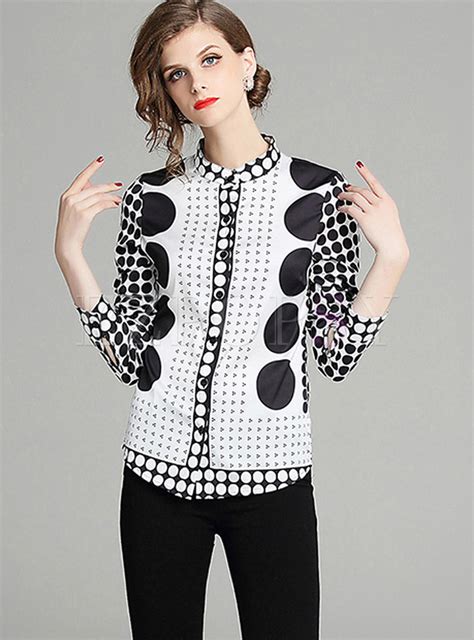 Tops Blouses Standing Collar Long Sleeve Polka Dot Print Blouse