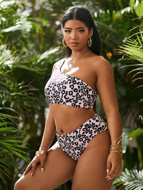 Shein Swim Vcay Plus Leopard Bikini Set One Shoulder Top High Waisted Bottom Piece Bathing