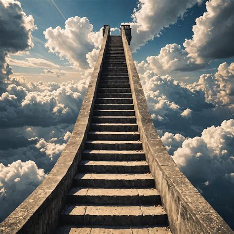 Premium Photo A Stairway Leading Up To A Cloudy Sky With Clouds In