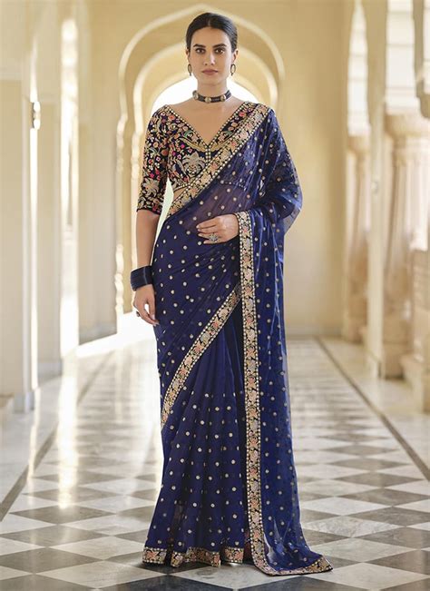 Shop Golden Thread Work Sequins Blue Art Silk Saree Party Wear Online