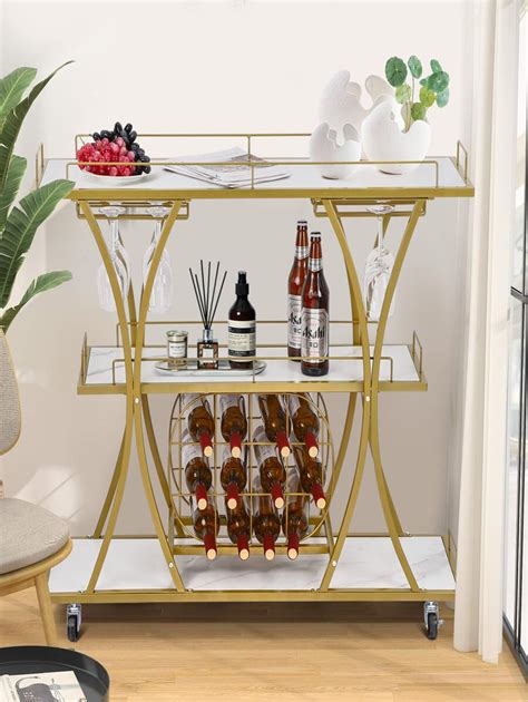 Gold Bar Cart With Wheels 3 Tier Bar Serving Cart With Glass Holder And Wine Rack Liquor Cart