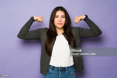 Strong Beautiful Woman Doing Bicep Curls Stock Photo - Download Image ...