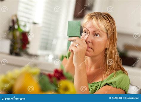 Blonde Woman Applying Her Makeup Stock Photo Image Of Mirror Indoors 16283828