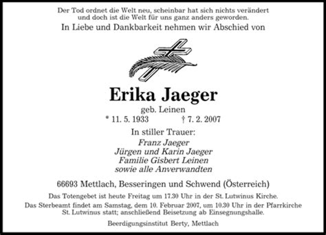 Traueranzeigen Von Erika Jaeger Saarbruecker Zeitung Trauer De