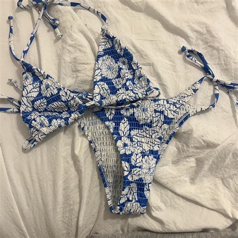 Triangle Blue With White Flowers Bikini Size Depop