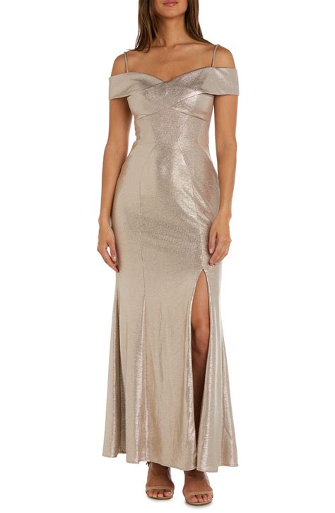 Buy Nightway Portrait Collar Shimmer Gown Champagne At Off