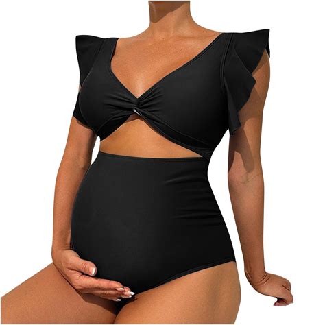 Maternity Swimsuit One Piece Swimsuits Bathing Suits V Neck Pregnancy Swimwear Bikini Black S