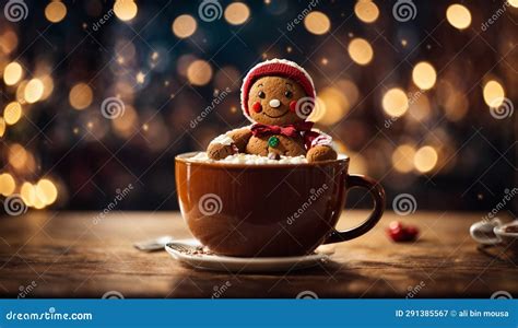 Adorable Gingerbread Man Sitting In A Cup Of Hot Cocoa Surrounded By Warm Bokeh Lights Stock