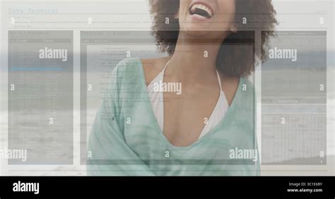 Laughing Woman Wearing Green Tie Dye Top Over White Bikini Straps At Sandy Beach With Code