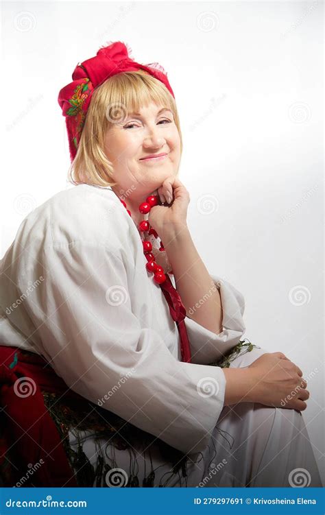 Portrait Of A Cheerful Funny Adult Mature Woman Solokha Female Model In Clothes Of National
