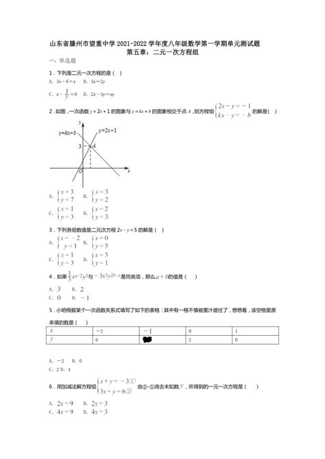 山东省滕州市望重中学2021 2022学年 北师大版八年级数学上册第五章 二元一次方程组单元测试题word版无答案 21世纪教育网