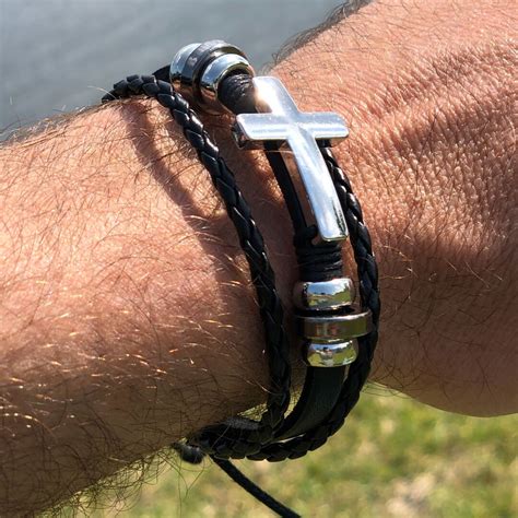 3 Layer Braided Black Leather Adjustable Bracelet Stainless Steel