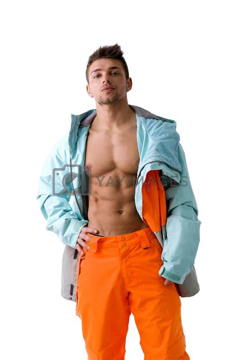 Muscular Skier Or Snowboarder With Open Jacket On Naked Torso By Artofphoto Vectors