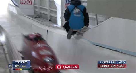 Bobsled Narrowly Misses Seriously Injuring A Worker Mid Race Man Leaps