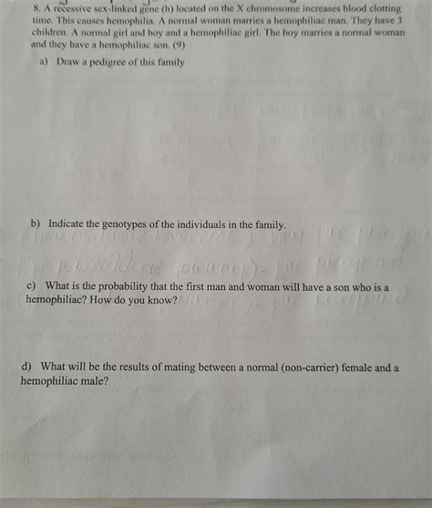 Solved A Recessive Sex Linked Gene H Located On The X Chegg