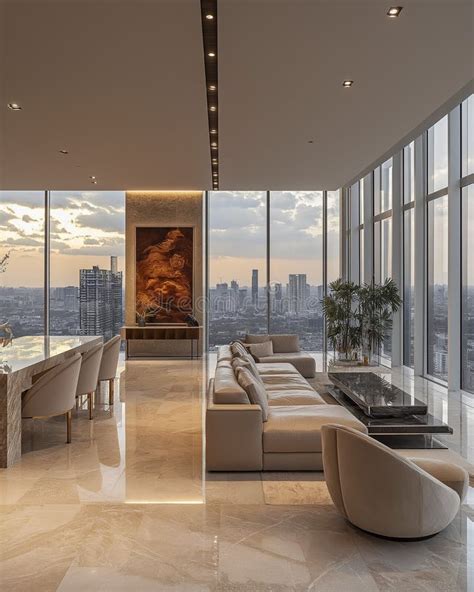 large living room   ultra luxurious penthouse  stunning city