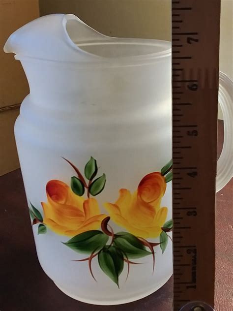 Vintage Retro MCM Hazel Atlas Frosted Glass Hand Painted Yellow Roses