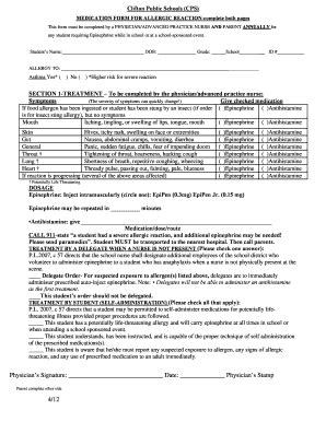 Fillable Online Clifton K Nj Medication Form For Allergic Reaction