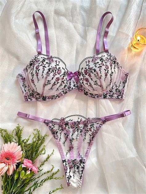 Set Di Reggiseno Sexy Per Le Donne Lingerie Floreale Trasparente Ricamo