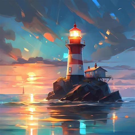 Premium AI Image | A painting of a lighthouse in the middle of the ocean