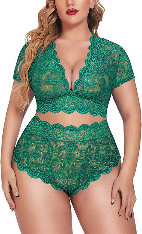 Avidlove Plus Size Lingerie Plus Floral Lace Scallop Trim Lingerie Set
