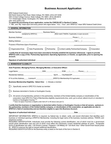 Business Account Application Spe Federal Credit Union