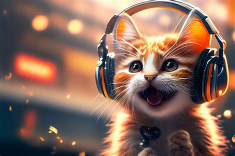 Gatito Con Auriculares Lindo Gatito De Dibujos Animados Generativo Aixa