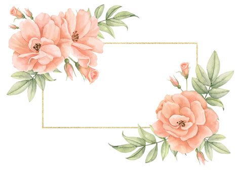 Watercolor Frame With Rose Flowers And Golden Line Hand Drawn Floral