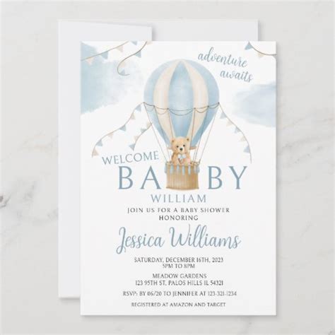 Teddy Bear Hot Air Balloon Baby Boy Shower Invitation Zazzle