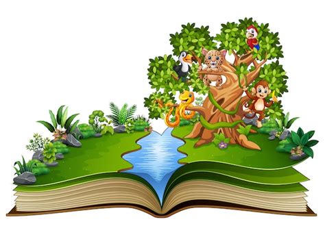 Открытая книга с животными мультфильм на деревьях | Премиум векторы