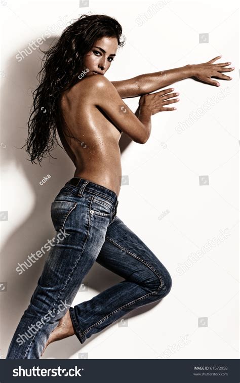 Attractive Brunette Blue Jeans Against White Stock Photo Shutterstock