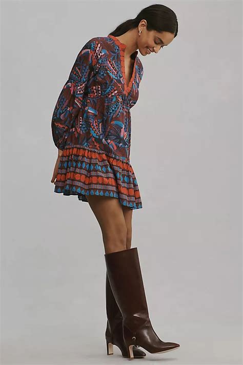 Farm Rio Long-Sleeve V-Neck Printed Mini Dress | Anthropologie