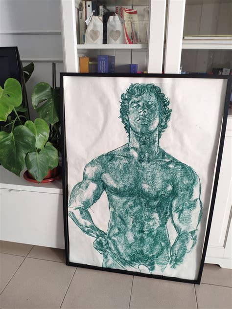 Original Draw Muscle Teenager Boy Mirror Green Oil Pastel Handsome Vintage Male Man Naked Nude