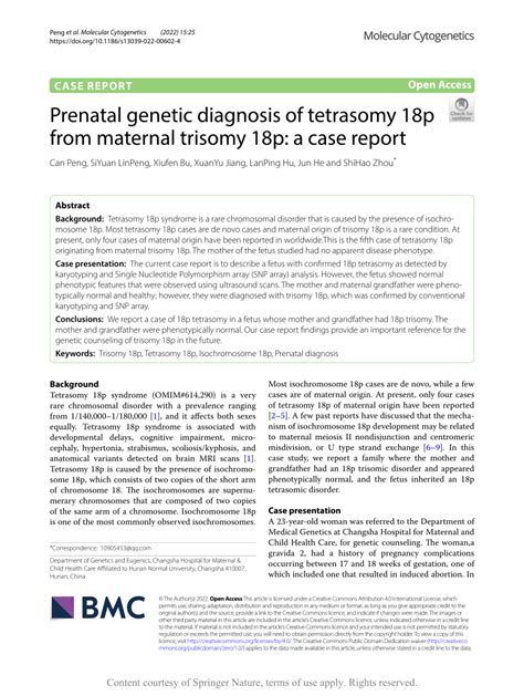 PDF Prenatal Genetic Diagnosis Of Tetrasomy 18p From Maternal Trisomy